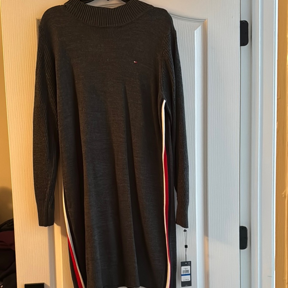 Tommy Hilfiger Charcoal Knit Dress with Red and White Accents
